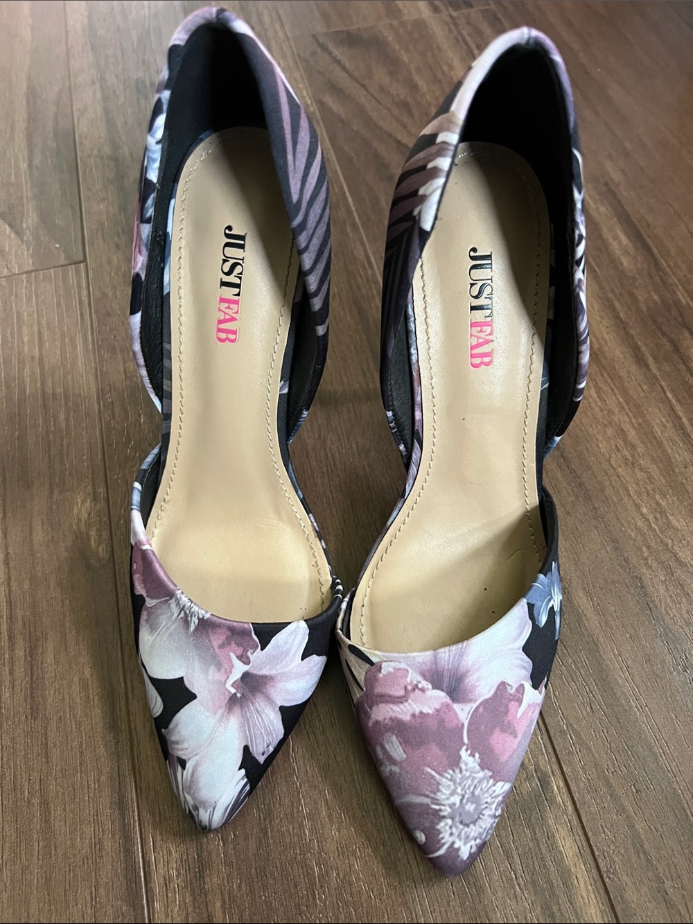 JustFab Floral Pointed D'Orsay Pumps in Purple and Black